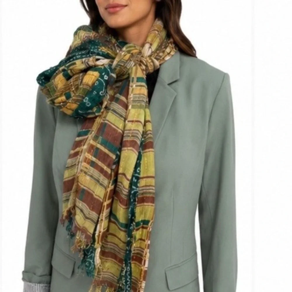 Green Gold Plaid‎ Paisley Metallic Thread Lightweight Scarf Chic Fairycore 89-53